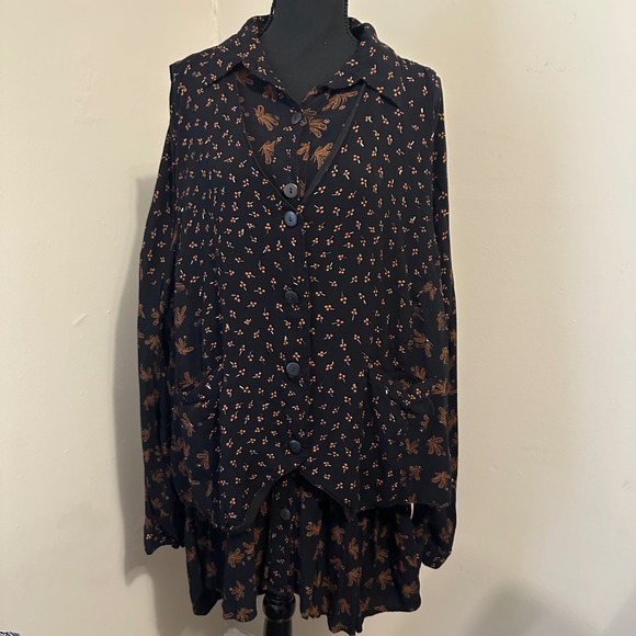 Vintage 90s Floral Black Dress 2 pc Set Top Jacket Button Up Boho vest beaded - Picture 1 of 16